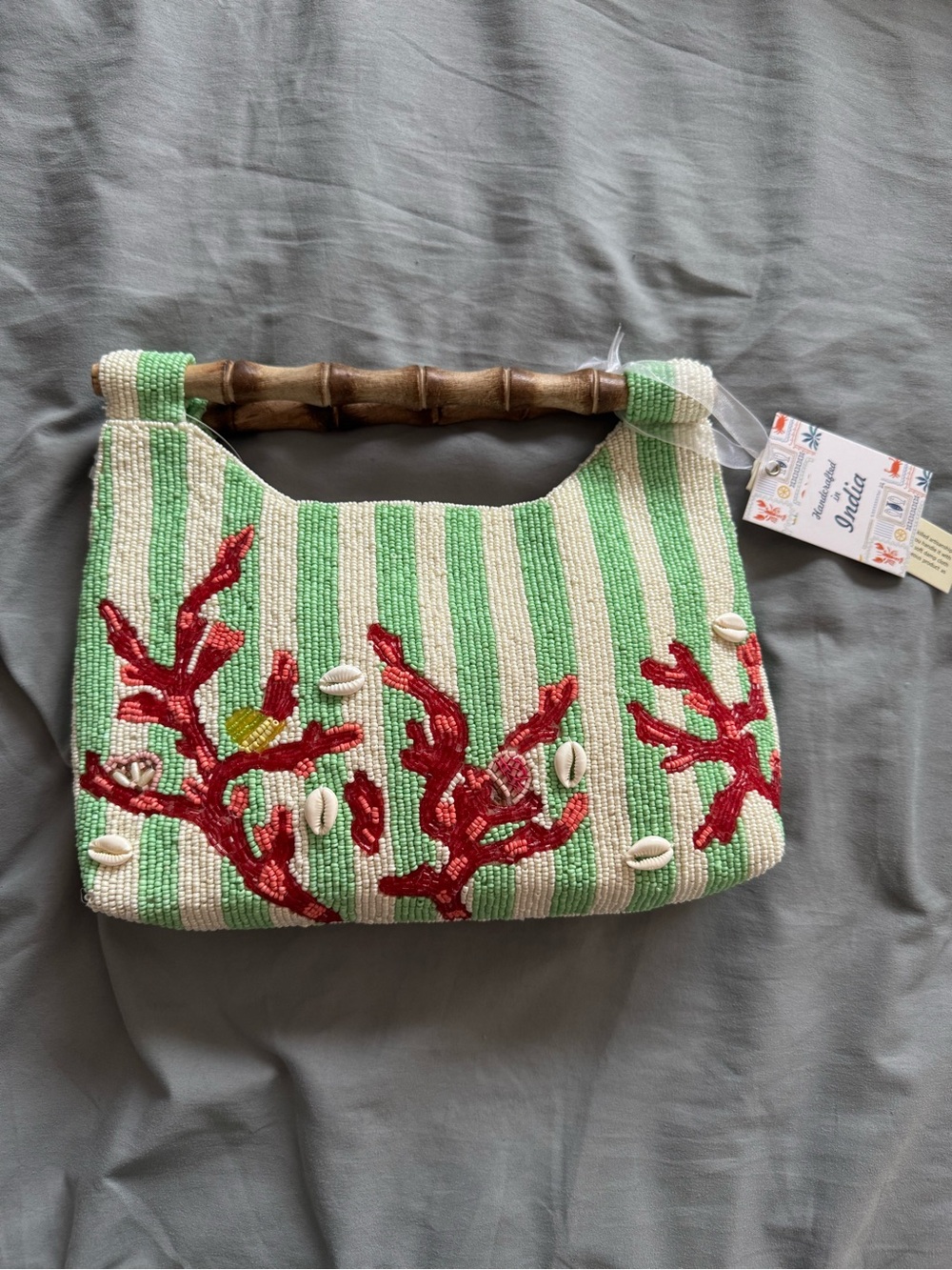 Beaded Coral & Shell Bamboo Handle Handbag Handmade in India New with Tags